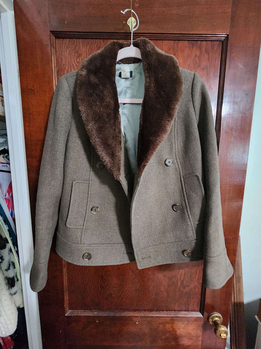 J. Crew Olive Wool-Blend Peacoat with Brown Faux Fur Collar